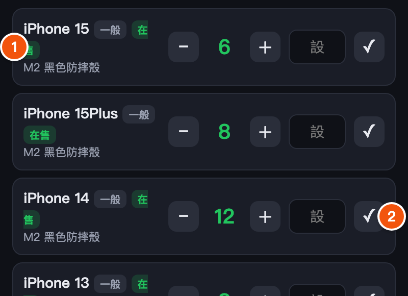 一款一列。紅色數字＝低於安全量該叫貨了。