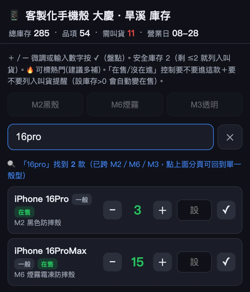 打「16pro」的樣子：M2 和 M6 一起列出來，不用先猜殼型。